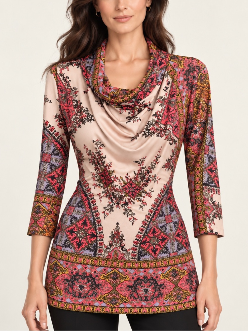 ETRO Milano Pink Paisley Print Cowl Neck 3/4 Sleeve Top (Size L)